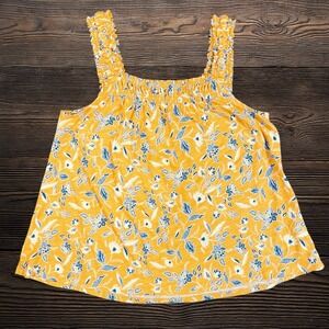 Loft Womens Small Yellow Blue Floral Smocked Square Neck Crop Top Blouse Spring